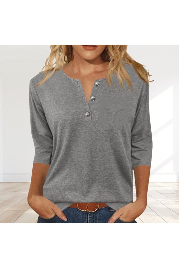 Womens 3/4 Sleeve T-Shirts Summer V Neck Buttons Tops Solid Color Basic Tee Shirts, Gray S
