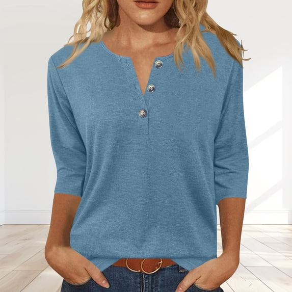 Womens 3/4 Sleeve T-Shirts Summer V Neck Buttons Tops Solid Color Basic Tee Shirts, Light Blue 5XL