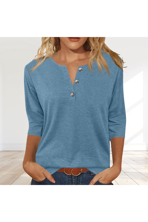 Womens 3/4 Sleeve T-Shirts Summer V Neck Buttons Tops Solid Color Basic Tee Shirts, Light Blue L