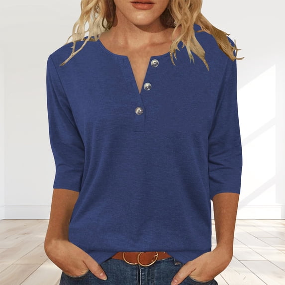 Womens 3/4 Sleeve T-Shirts Summer V Neck Buttons Tops Solid Color Basic Tee Shirts, Navy L