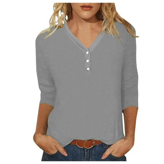 Womens 3/4 Sleeve T-Shirts V Neck Buttons Solid Color Dressy Casual Tee Blouses 2025 Summer Fashion Classic Fit Workout Tunics