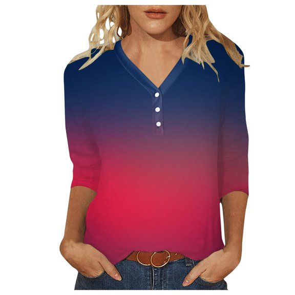 Womens 3/4 Sleeve T-Shirts V Neck Buttons Solid Color Dressy Casual Tee Blouses 2025 Summer Fashion Classic Fit Workout Tunics