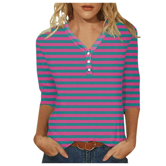 Womens 3/4 Sleeve T-Shirts V Neck Buttons Solid Color Dressy Casual Tee Blouses 2025 Summer Fashion Classic Fit Workout Tunics