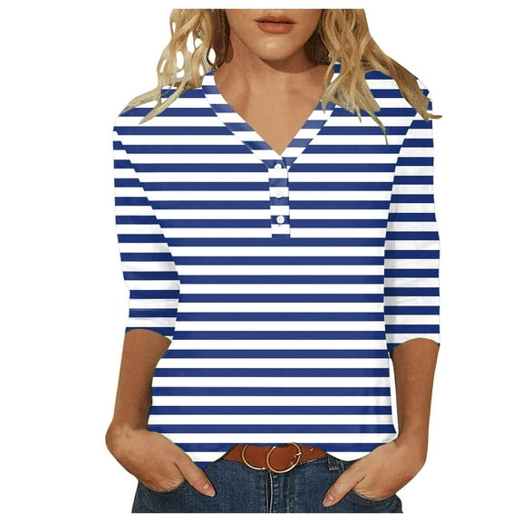 Womens 3/4 Sleeve T-Shirts V Neck Buttons Solid Color Dressy Casual Tee Blouses 2025 Summer Fashion Classic Fit Workout Tunics