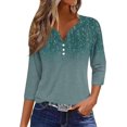 thumbnail image 1 of Womens 3/4 Sleeve T-Shirts V Neck Buttons Tops Neck Cute Tunic Floral Print Tops Basic Tees Blouses Fashion Loose Fit Pullover Casual Basic Shirts, 1 of 4