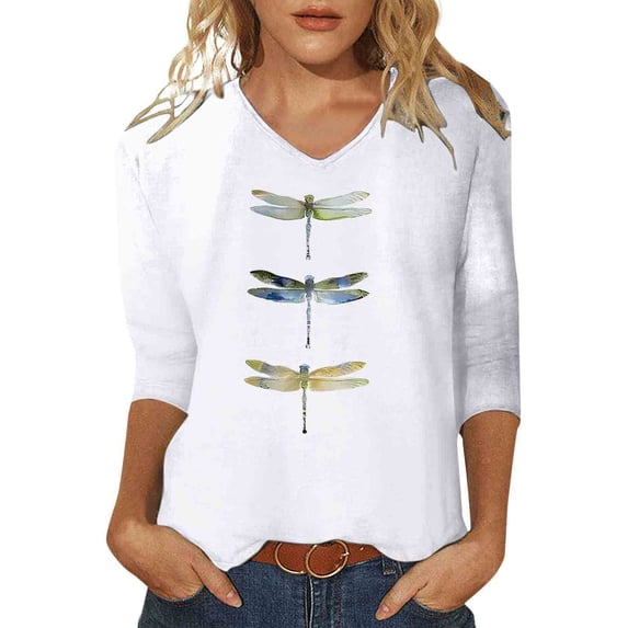 Womens 3/4 Sleeve Tees V-Neck Fashion Casual Tops 2026 Dragonfly Print Basic Spring Summer T Shirts