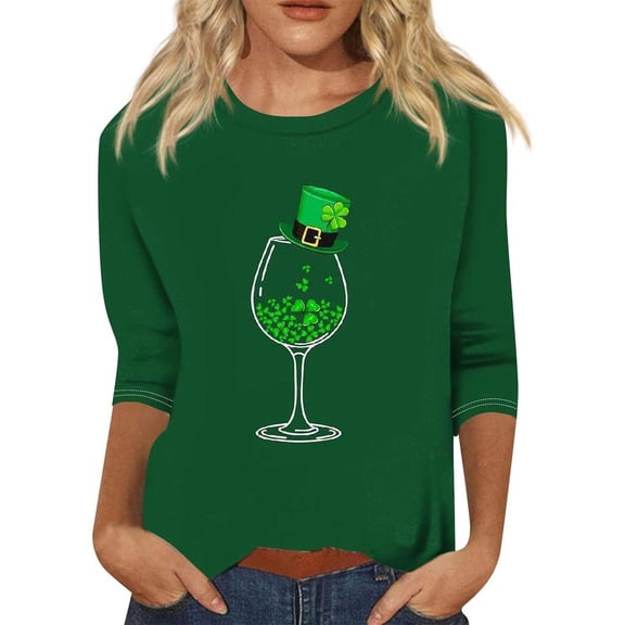 Womens 3/4 Sleeve Top for St Patrick’S Day Crew Neck Green Leaf Printed Shirts Graphic Tee