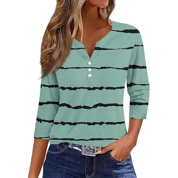 Womens 3/4 Sleeve T-Shirts V Neck Buttons Tops Neck Cute Tunic Floral Print Tops Basic Tees Blouses Fashion Loose Fit Pullover Casual Basic Shirts