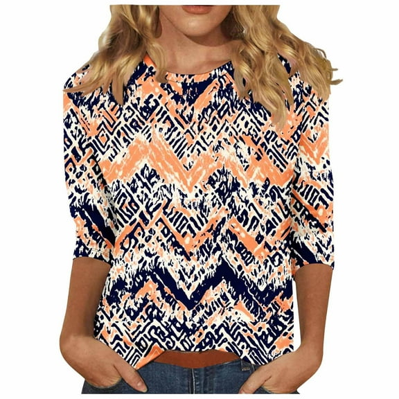 Womens 3/4 Sleeve Tops 2025 Summer Print Round Neck Tunic Blouses Loose Relaxed Fit Tee Shirts Plus Size Blouses Dressy Casual Going Out Workout Costume