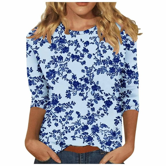Womens 3/4 Sleeve Tops 2025 Summer Print Round Neck Tunic Blouses Loose Relaxed Fit Tee Shirts Plus Size Blouses Dressy Casual Going Out Workout Costume