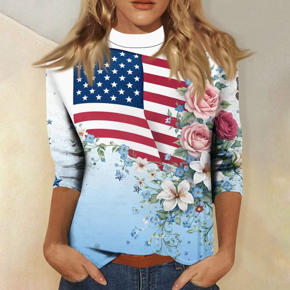 Womens 3/4 Sleeve Tops 4th of July Patriotic National Flag and Floral Pattern Tops US 250th Anniversary Casual Pullover Blouses