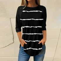 Womens 3/4 Sleeve Tops, Womens Baseball Tee, Womens Striped Tshirt, 3/4 Length Sleeve Womens Tops Raglan Contrast Crewneck Shirt Loose Fit Color Block Blouse Workout Cotton Tunic Tshirt, Black, L