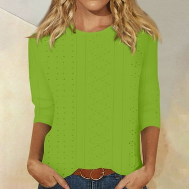 Womens 3/4 Sleeve Tops, Womens Blouse, Summer Tops for Women 2024, 3/4 Length Sleeve Womens Tops Summer Loose Solid Crewneck T Shirts Casual Three Quarter Length Dressy Blouses, Green, L
