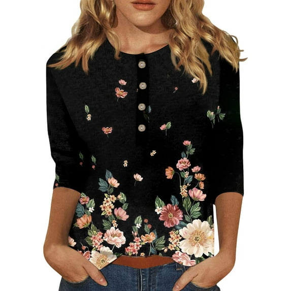 Womens 3/4 Sleeve Tops and Blouses Cotton Blend Summer Floral All Over Print Summer Tops for Women 2023 Crewneck Slim Fit Half Sleeve Graphic Tees for Women Trendy Spring Blouses and Tops