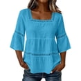 thumbnail image 1 of Womens 3/4 Sleeve Tops and Blouses Daily T Shirts Linen Blend Tops for Women Womens Casual Tops Square Neck Loose Fit Shirts Work Tees Linen Tops for Women Work Clothes Blue S, 1 of 7