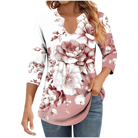 Womens 3/4 Sleeve Tops Business Casual Blouses V Neck Pleated Shirts Peasant Tunic Tops Dressy Casual Work Outfits