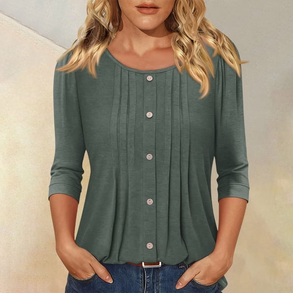 Womens 3/4 Sleeve Tops Button Down Shirts Crew Neck Pleated Casual Loose Blouses Roll Up Sleeve Shirt Army Green L