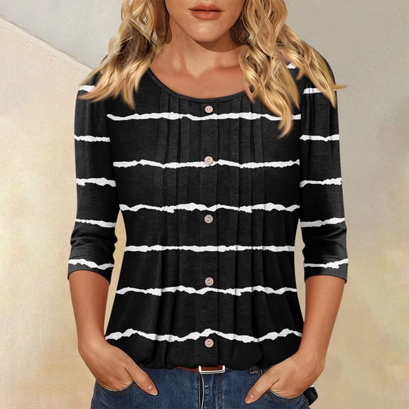 Womens 3/4 Sleeve Tops Button Down Shirts Crew Neck Pleated Casual Loose Blouses Roll Up Sleeve Shirt Black S