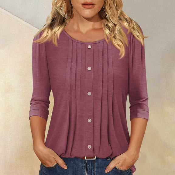 Womens 3/4 Sleeve Tops Button Down Shirts Crew Neck Pleated Casual Loose Blouses Roll Up Sleeve Shirt Wine M