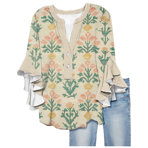 Womens 3/4 Sleeve Tops Button Up Blouses Floral Print V Neck Ruffle Short Sleeve Shirts Casual Summer Tops