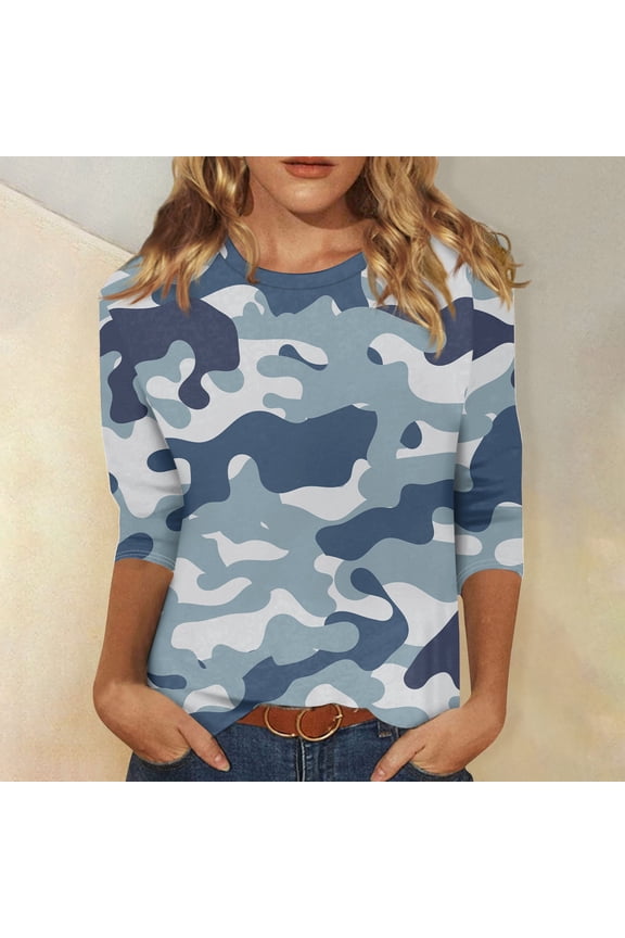 Womens 3/4 Sleeve Tops Camouflage Print Plus Size Fall Shirts Casual Round Neck Camo T Shirt Comfy Dressy Blouses