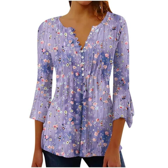 Womens 3/4 Sleeve Tops Casual Button V Neck Flower Print Shirt Blouse Tunic Tops