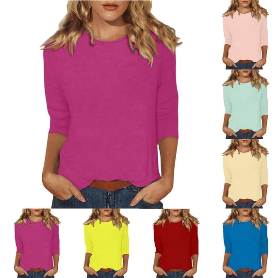 Womens 3/4 Sleeve Tops Casual Crew Neck Shirts Loose Fit Tunic Blouses Summer Tees Complexion L