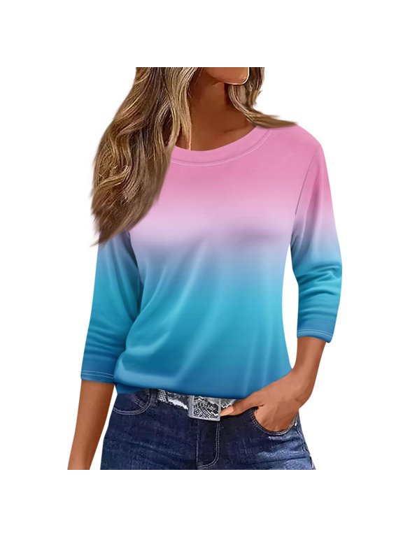 Womens 3/4 Sleeve Tops Cotton Color Block Print Shirt Casual Loose Crew Neck Blouses Fall Fashion Lounge Tee (Pink M)