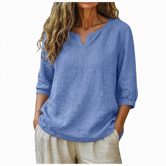 Womens 3/4 Sleeve Tops Cotton Linen Shirts Embroidered V Neck Boho Blouses Loose Fit Dressy Casual Tunic Top
