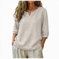 thumbnail image 1 of Womens 3/4 Sleeve Tops Cotton Linen Shirts Embroidered V Neck Boho Blouses Loose Fit Dressy Casual Tunic Top, 1 of 6