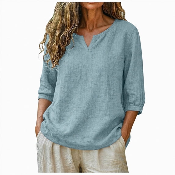 Womens 3/4 Sleeve Tops Cotton Linen Shirts Embroidered V Neck Boho Blouses Loose Fit Dressy Casual Tunic Top