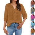 thumbnail image 1 of Womens 3/4 Sleeve Tops Cotton Linen Shirts Embroidered V Neck Button Boho Blouses Loose Fit Dressy Casual Tunic Top,Yellow,XXL, 1 of 8