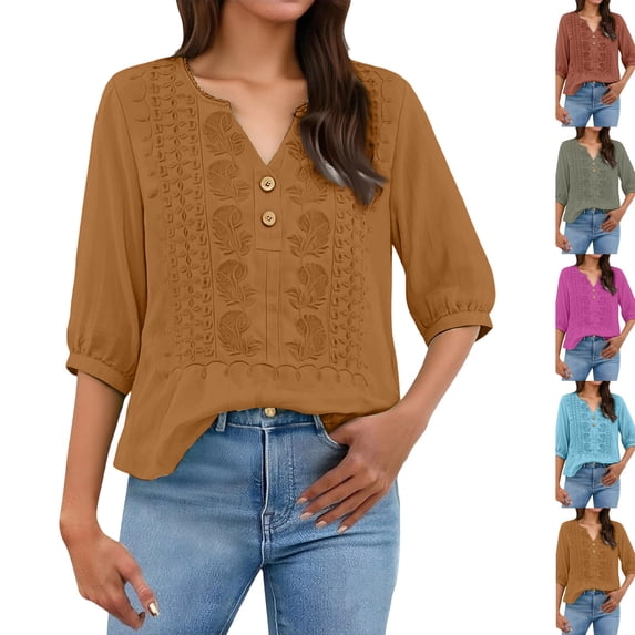 Womens 3/4 Sleeve Tops Cotton Linen Shirts Embroidered V Neck Button Boho Blouses Loose Fit Dressy Casual Tunic Top,Yellow,XXL