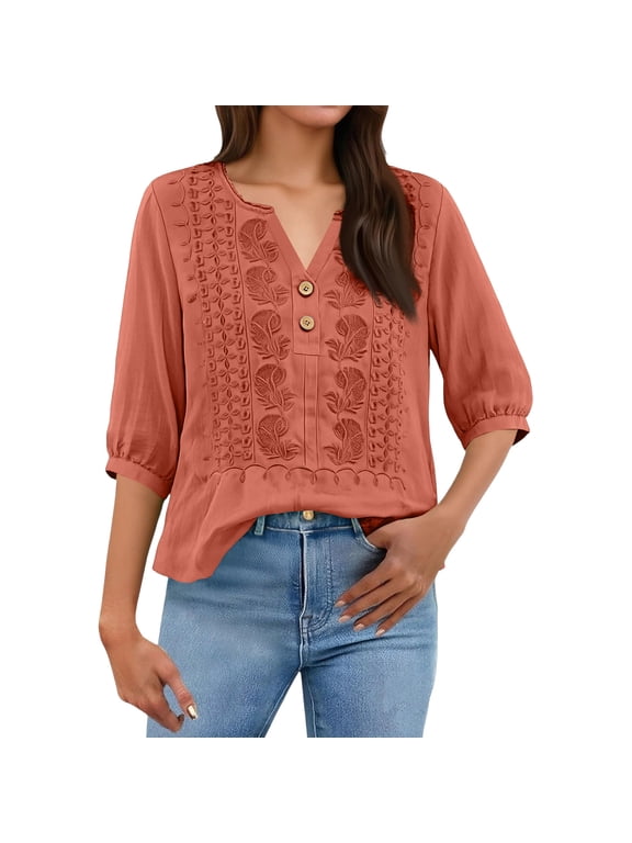 Womens 3/4 Sleeve Tops Cotton Linen Shirts Embroidered V Neck Button Boho Blouses Loose Fit Dressy Casual Tunic Top