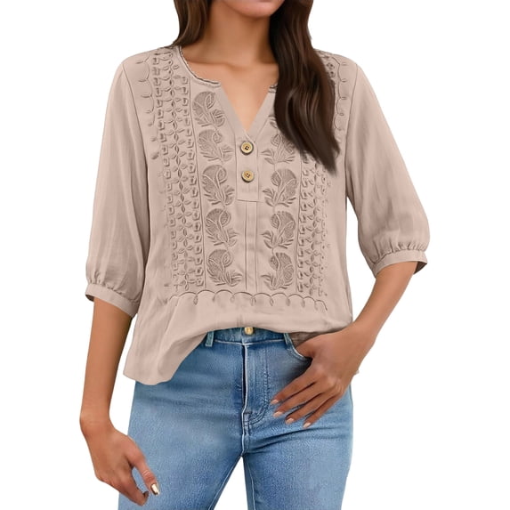 Womens 3/4 Sleeve Tops Cotton Linen Shirts Embroidered V Neck Button Boho Blouses Loose Fit Dressy Casual Tunic Top