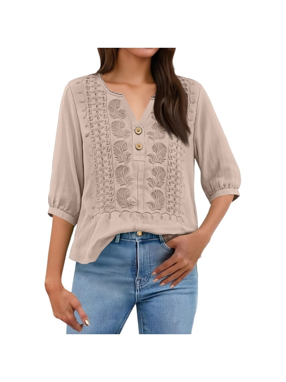Womens 3/4 Sleeve Tops Cotton Linen Shirts Embroidered V Neck Button Boho Blouses Loose Fit Dressy Casual Tunic Top