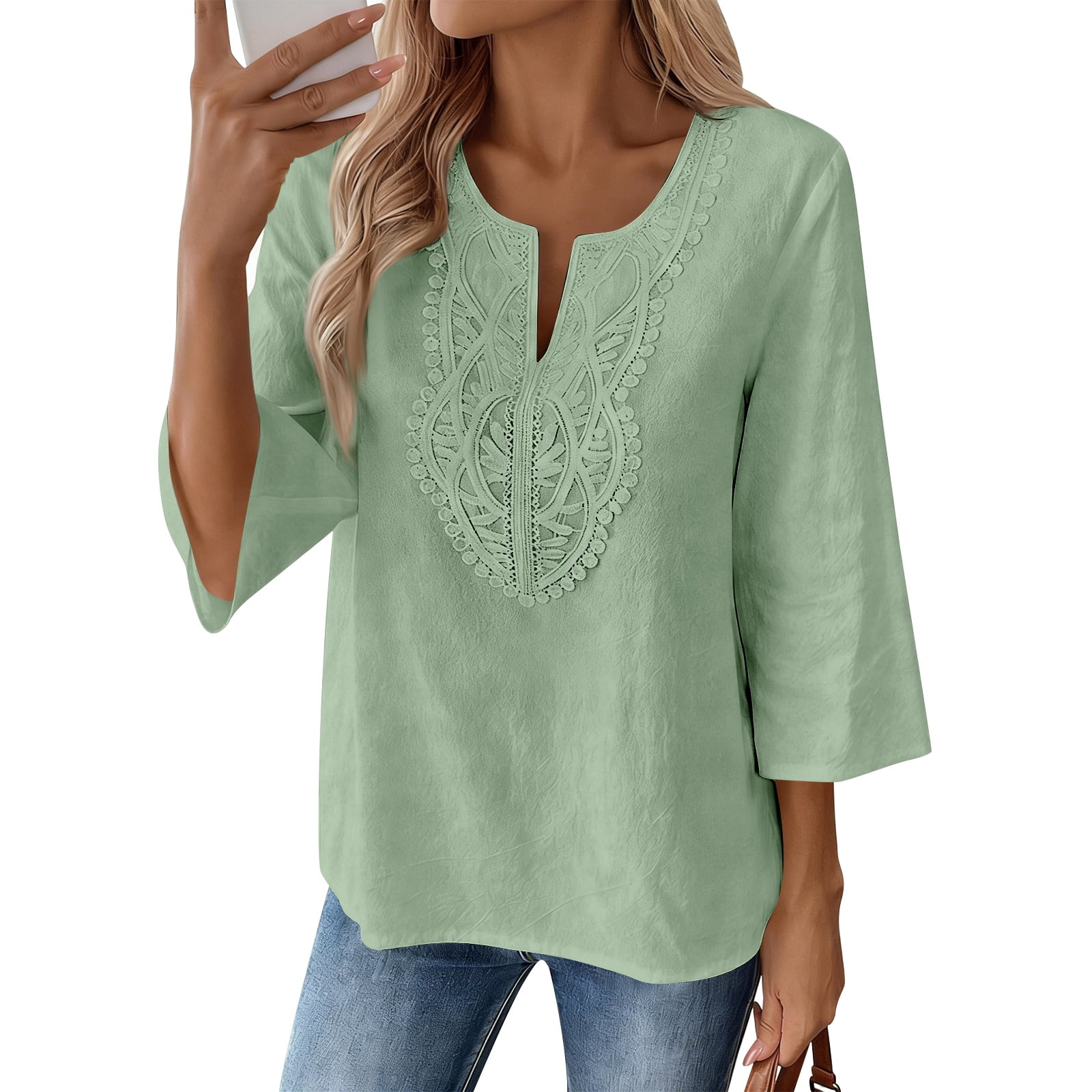 Womens 3/4 Sleeve Tops Cotton Linen Shirts V Neck Lace Casual Loose Fit ...