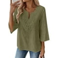 thumbnail image 1 of Womens 3/4 Sleeve Tops Cotton Linen Shirts V Neck Lace Casual Loose Fit Blouses Boho Fashion, 1 of 4