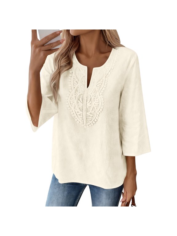 Womens 3/4 Sleeve Tops Cotton Linen Shirts V Neck Lace Casual Loose Fit Blouses Boho Fashion