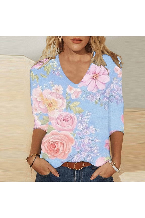 Womens 3/4 Sleeve Tops Cotton Womens Summer Tshirt Womens Summer Shirts V Neck Oversized Tops for Women Plus Size my orders