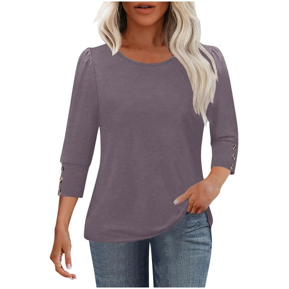 Womens 3/4 Sleeve Tops Crew Neck Short Sleeve Casual Solid Color Loose T Shirt Tunic Tops