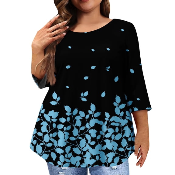 Womens 3/4 Sleeve Tops, Crew Neck Sweatshirts Women Summer Tops Plus Size Business Casual Shirts Dark Blue 3XL