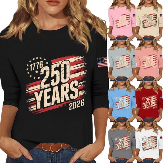 Womens 3/4 Sleeve Tops Crewneck American Anniversary USA Flag Graphic Tees 1776-2026 250Th Anniversary USA Shirt Black XL