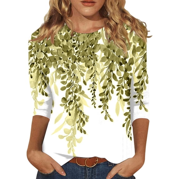 Womens 3/4 Sleeve Tops Cute Leaf Print Graphic Tees Casual Round Neck Blouses Plus Size Basic Pullover Soft Lightweight Tunic Spring Summer 2026 Army Green L