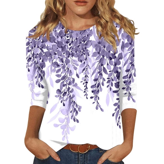 Womens 3/4 Sleeve Tops Cute Leaf Print Graphic Tees Casual Round Neck Blouses Plus Size Basic Pullover Soft Lightweight Tunic Spring Summer 2026 Light Purple L