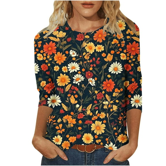 SHE IS Womens 3/4 Sleeve Tops, Fall Tshirts Shirts for Women Workout Tops for Women Long Sleeve Loose 3/4 Length Sleeve Womens Tops Cotton Polyester Tunic Tops Women Plus Size