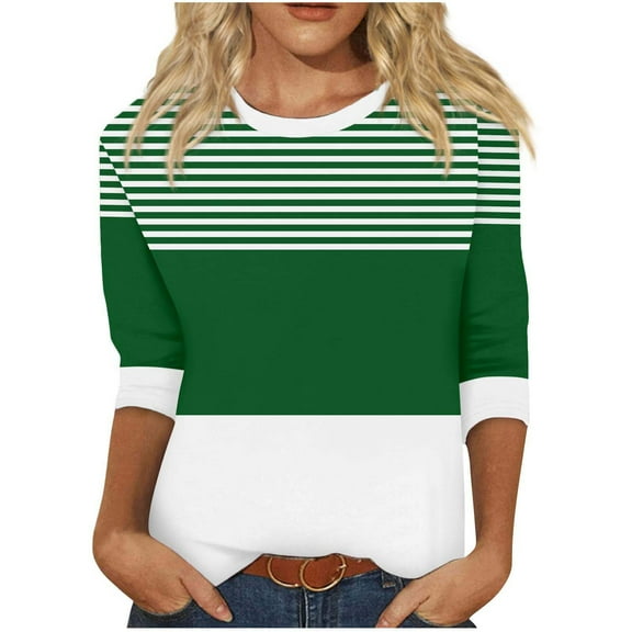 Womens 3/4 Sleeve Tops Fashion Striped T Shirts Crew Neck Color Block Casual Fall Basic Tees Graphic Tshirts (L, Green)