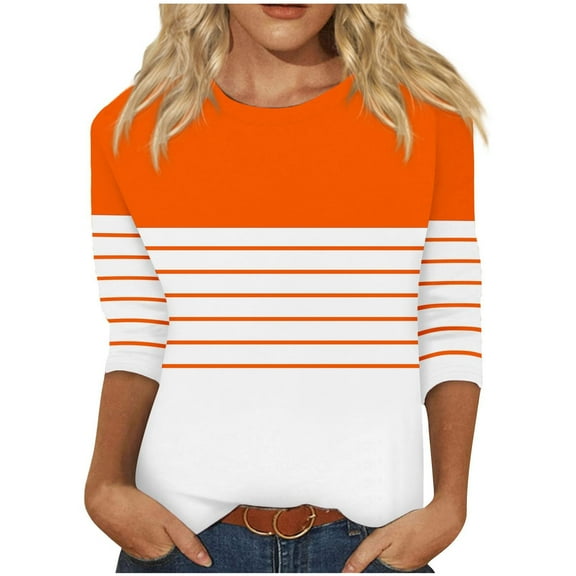 Womens 3/4 Sleeve Tops Fashion Striped T Shirts Crew Neck Color Block Casual Fall Basic Tees Graphic Tshirts (XL, Orange 01)