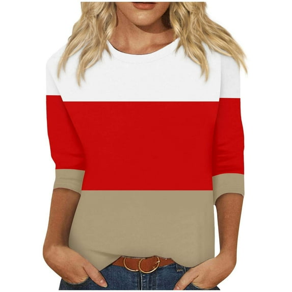 Womens 3/4 Sleeve Tops Fashion Striped T Shirts Crew Neck Color Block Casual Fall Basic Tees Graphic Tshirts (XL, Orange)
