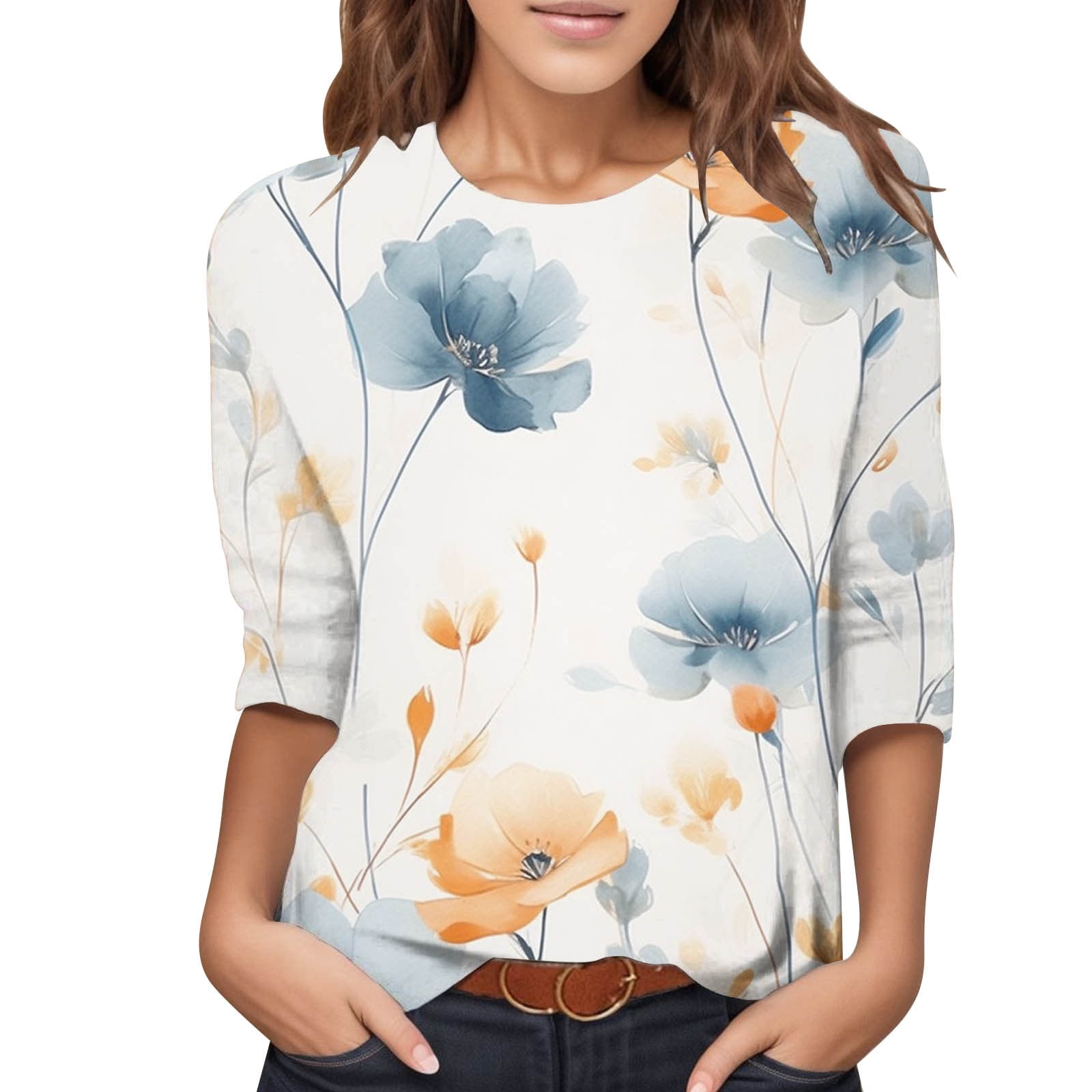 Women's 3/4 Sleeve Tops – Casual Crew Neck Printed Tees, Tunic Blouses For Fall 2025